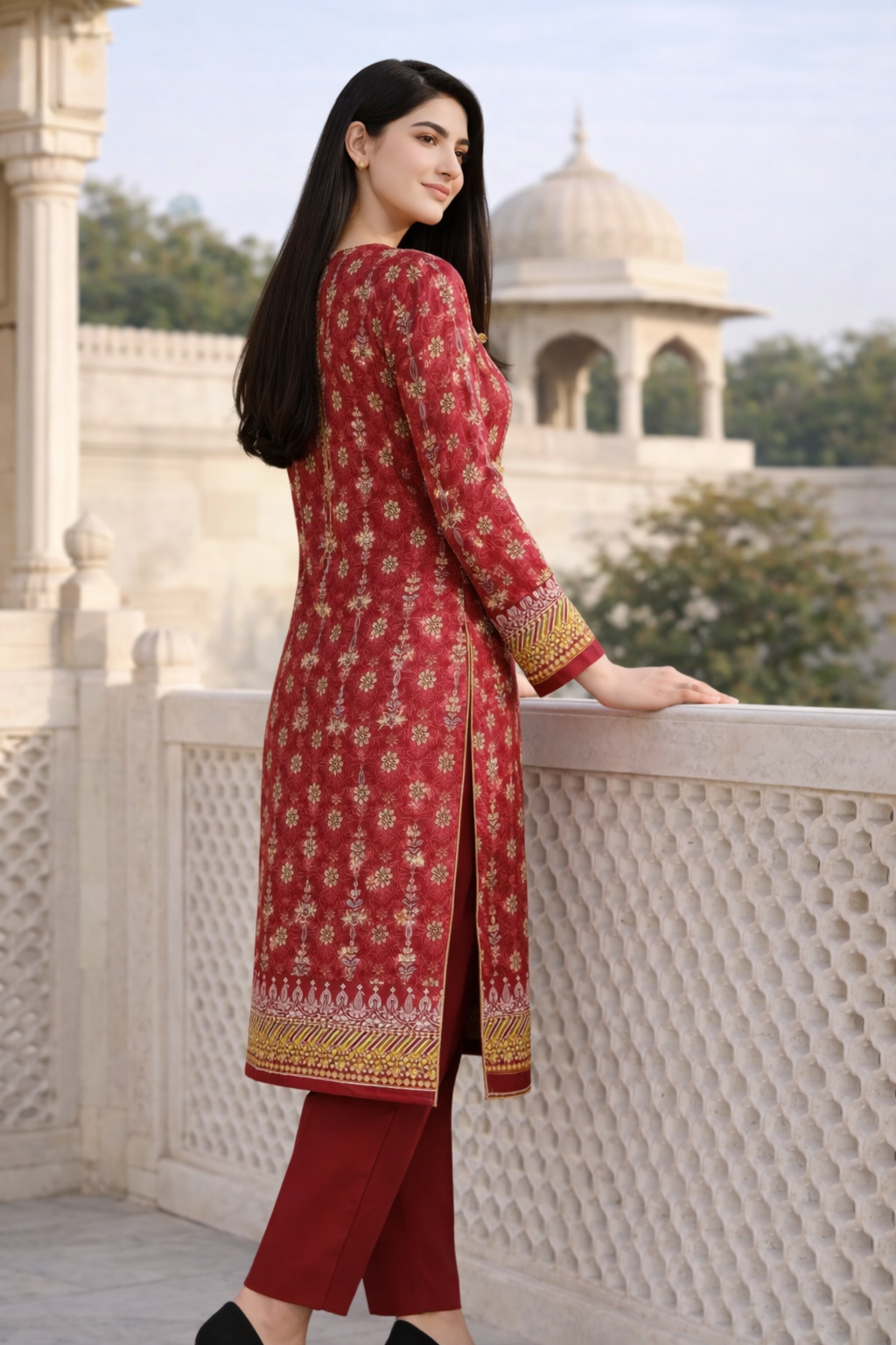 Light Red Printed Summer Dress Material