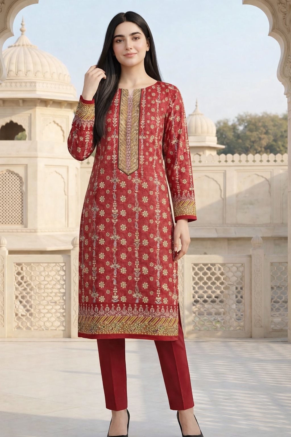 Light Red Printed Summer Dress Material