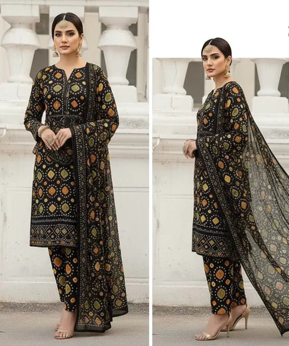 Aneela Black 3Pc Embroidered Chunri Lawn Dress