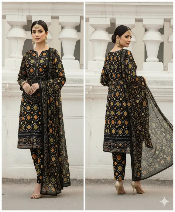 Aneela Black 3Pc Embroidered Chunri Lawn Dress