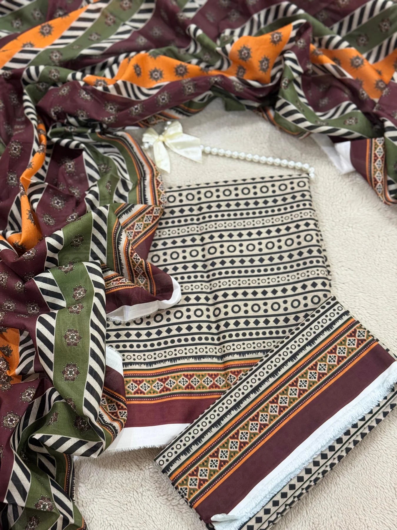 New -8% 3 Piece Printed Beige & Black Color Lawn Unstitched Suit